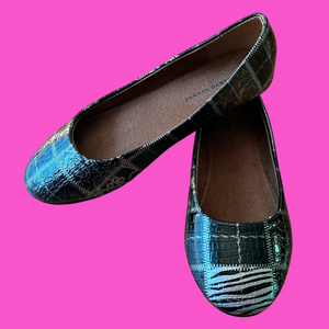 ROBERTO VIANNI Leather Lined Black Silver Taupe Asymmetrical Patterned Flats